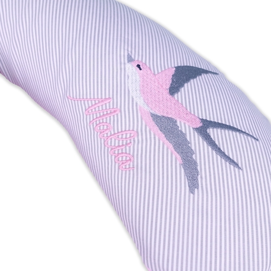 Nackenkissen Streifen grau/Minitupfen rosa inkl. Stickerei "Schwalbe/Name"