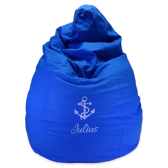 Leofrey Kinder-Sitzsack uni royalblau mit Bestickung "Anker & Name"
