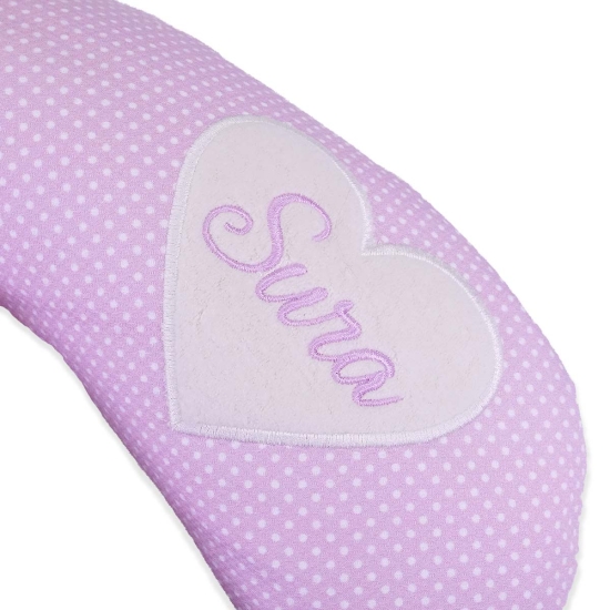 Preview: Nackenkissen Piqué Punkte rosa inkl. Stickerei "Plüsch-Herz" und Name