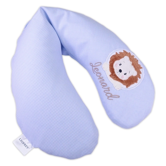 Nackenkissen Vichy Karo helblau inkl. Applikation "Plüsch-Löwe" und Name