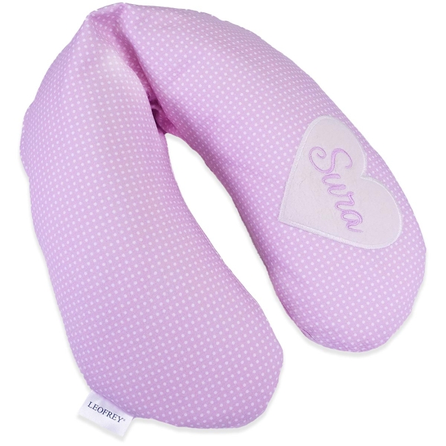 Nackenkissen Piqué Punkte rosa inkl. Stickerei "Plüsch-Herz" und Name