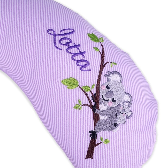 Nackenkissen Streifen flieder inkl. Stickerei "Koala mit Baby auf Ast" und Name